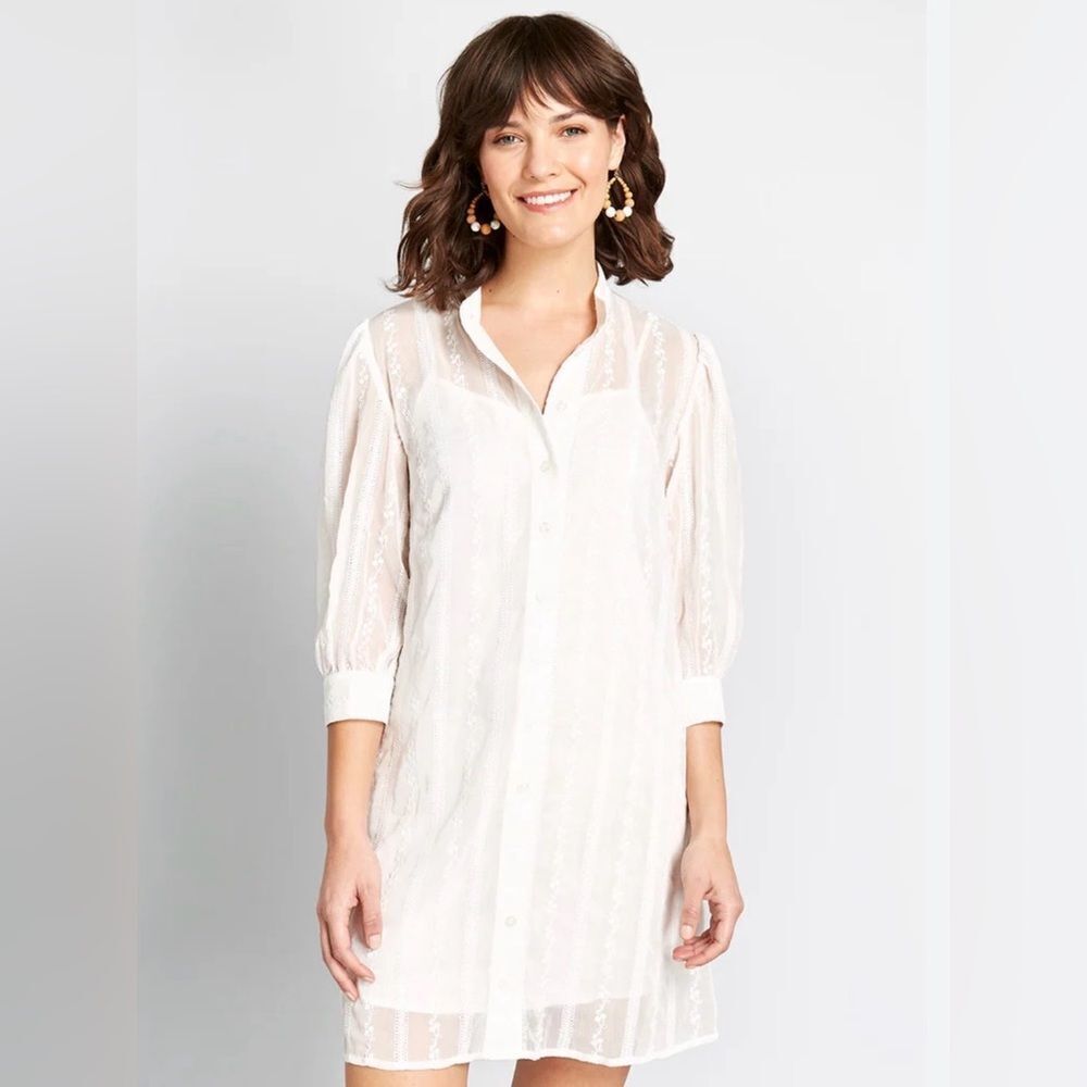 Modcloth White Sheer Joy Floral Lace Embroidered Mini Shirt Dress M